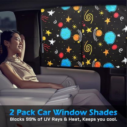 Car Window Shades, 2 Packs Magnetic car Sun Shade for Baby, Double Layers Magnetic Colourful Space Pattern for Full Covers/Half Shade Options, Window Curtains for Heat/UV Protection Sun Block Covers - color: Colourful Space