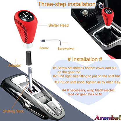 Shifter Knob 5 Speed Red Leather Gear Lever Stick Manual Shift Handle Replacement Fit Most Cars, Black Stitched - color: Red Leather with black stitching