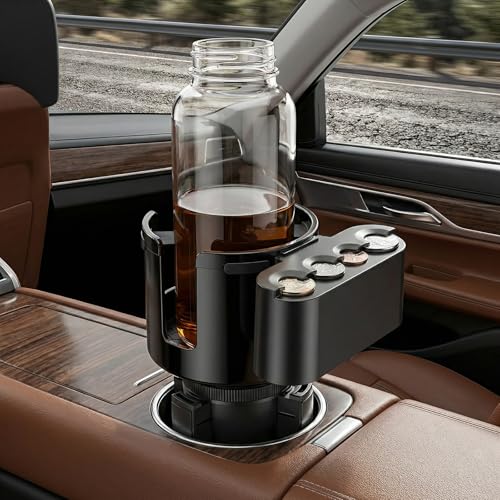 GDQ 2-in-1 Car Cup Holder Expander with Coin Organizer - Adjustable Base, Universal Fit for Most Vehicles, Compatible with Yeti/Stanley Large Mugs & All Handle Cups, Automotive Interior Storage