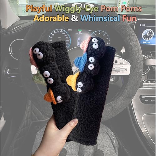 Car Headrest Pillow & Steering Wheel Cover Set with Cute Big-Eyed Black Travel Neck Support Pillow Fur Car Interior Accessory (Safty Belt Cover 2PCS) - color: Black Safty Belt Cover 2pcs