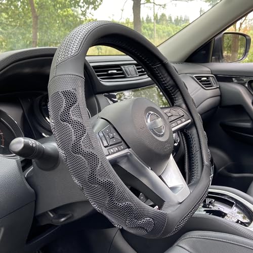 PINCTROT D Shaped 14.5-15 Inch Steering Wheel Cover Great Grip with 3D Honeycomb Anti-Slip Design, Flat Bottom 14.5-15 Inch (All Black) - color: 7.D-shaped,All Black, size: Medium(Standard) Size[14 1/2''-15'']