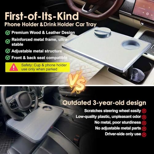 Car Food Tray & Car Table Tray with Car-Grade Aluminum Cup Holder & Phone Stand,360° Rotating Car Desk for Laptop & Eating, Compatible with Tesla Model Y/3/S, Best Fit Round Cup Holder (2.28" - 3.66") - color: 𝗦𝗾𝘂𝗮𝗿𝗲 · White
