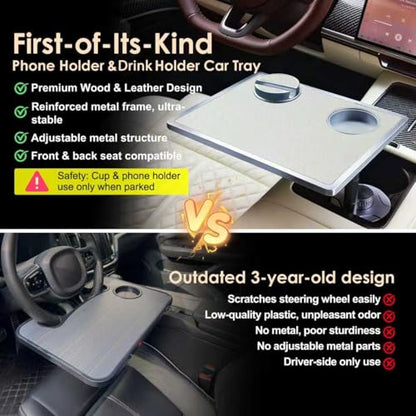 Car Food Tray & Car Table Tray with Car-Grade Aluminum Cup Holder & Phone Stand,360° Rotating Car Desk for Laptop & Eating, Compatible with Tesla Model Y/3/S, Best Fit Round Cup Holder (2.28" - 3.66") - color: 𝗦𝗾𝘂𝗮𝗿𝗲 · White