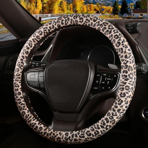 Leopard Print Steering Wheel Cover with Silicone Inner Ring, Non-Toxic, Odorless Silicone Leather with Non-Fading Cheetah Pattern for Men Women, Universal 14.5 to 15 Inch (Leopard Print) - style: Brown Leopard Print
