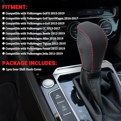 Leather Gear Shift Knob Cover Compatible with Volkswagen Atlas丨 Beetle丨 Golf丨 Passat丨 Jetta 丨 Tiguan 2011-2021 Black Leather with Red Stitches Shifter Knob Cover - Black&Red - color: Red&Black