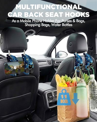 WOCOCN 2 Pack Car Purse Hook for Car Seat Headrest, Double-Sided PrintingPU Leather Purse Holder with Metal Hook, Cute Car Accessories for Women, Men (Car hook - Blue Starry Sky Cat A) - color: Car hook - Blue Starry Sky Cat A