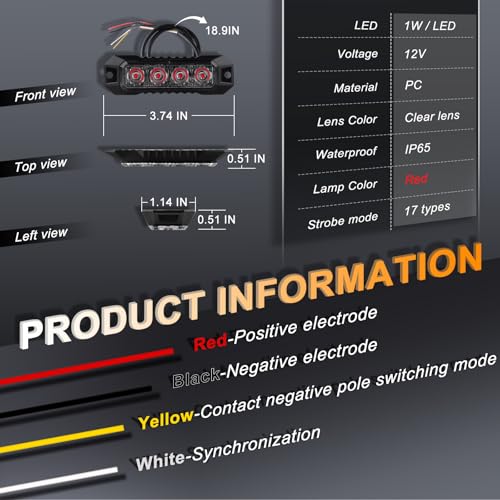 4PCS 4 LED Red Strobe Light, Surface Mount Strobe Lights for Trucks Car Vehicle Warning Flashing Beacon Hazard Emergency Lights Ultra Slim Sync Feature Mini Grille for Cars Trucks SUV RV ATV - color: Red
