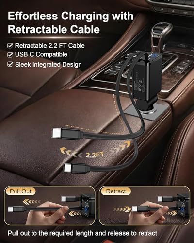 Retractable Car Phone Charger for Samsung S26 S25 Android, 4 in 1 Fast USB C Car Charging Adapter with 2 Flexible USB C Cable, USBC Cigarette Lighter Gift for Men Car Gadgets Electronics Accessories - color: Reatractable Car Charger-Black