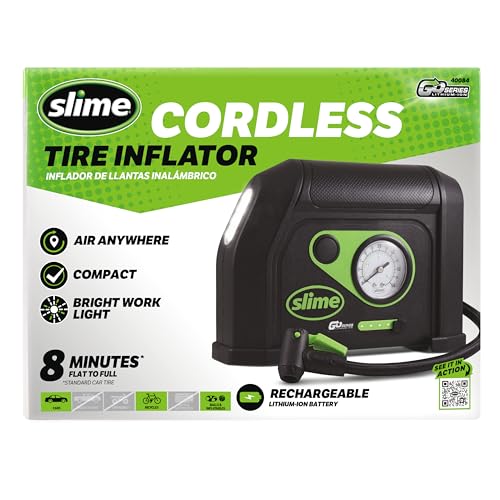 Slime 40084 Tire Inflator, Cordless, Portable Air Compressor Pump, Lithium Ion Battery and LED Light, Rechargeable, 8 min Inflation - style: Standard