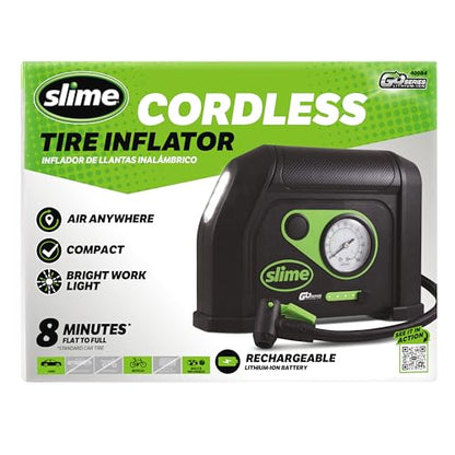 Slime 40084 Tire Inflator, Cordless, Portable Air Compressor Pump, Lithium Ion Battery and LED Light, Rechargeable, 8 min Inflation - style: Standard
