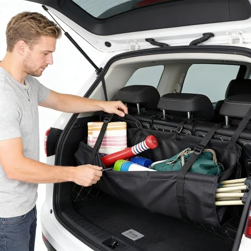 Car Trunk Organizer Hanging Bag, Waterproof Backseat Storage for SUV Jeep Truck Minivan, Black, 35.4 x 11.2 Inches, Foldable - color: black