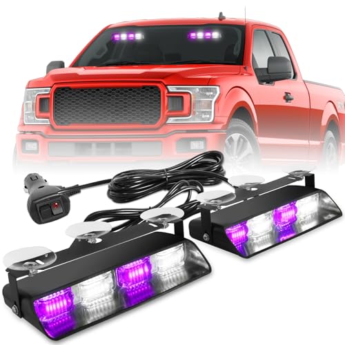HLauto 2002L Emergency Dash Strobe Lights: Purple White Safety Lights, Flashing Warning Hazard Windshield Visor Traffic Light Bars for Trucks, Construction Vehicles (2x8.5 inch, 48LED) - color: Purple/White