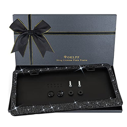 Bling License Plate Frame for Women, 1PCS Sparkly License Plate Frames| Over 1200 pcs 14 Facets Bedazzled Clear Glass Diamond Rhinestone Crystals w/Free Glitter Diamond Box (Black) - color: black