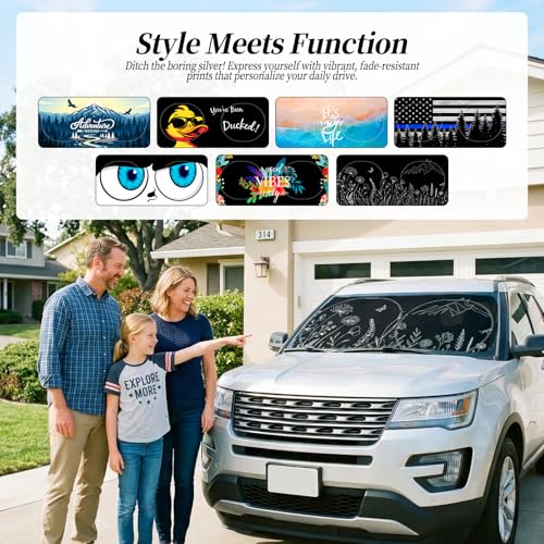 63"x28.5" Car Windshield Sun Shade with Storage Pouch, Stylish Printed Front Window Sunshade with Double Ring Frame, Universal Fit Foldable Heat Blocker & UV Protector for SUV, Sedan (Line Plants) - color: Line Plants