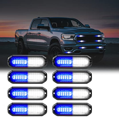 WINECO Blue/White 8pcs Ultra Slim LED Emergency Strobe Police Lights, Surface Mount Grill Grille Hazard Safty Warning Flashing Light for Volunteer Trucks Vehicles - color: Blue/White
