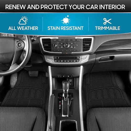 BDK 3-Piece ProLiner Heavy Duty Front & Rear Rubber Floor Mats, Universal Fit Liners for Cars SUVs Trucks Vans, All Weather Protection with Anti-Slip Nibs, Flexible Contours Fits Most Vehicles - Black