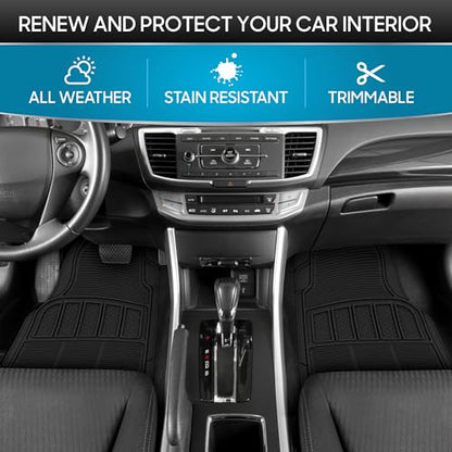 BDK 3-Piece ProLiner Heavy Duty Front & Rear Rubber Floor Mats, Universal Fit Liners for Cars SUVs Trucks Vans, All Weather Protection with Anti-Slip Nibs, Flexible Contours Fits Most Vehicles - Black