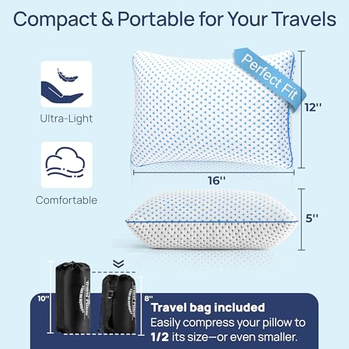 Small Cooling Memory Foam Travel Pillows for Airplanes Sleeping, Compressible Camping Pillow, Mini Adjustable Shredded Foam Bed Pillow for Medium Firm Neck Knee Lumbar Support, Ideal Car, Backpacking - size: S - 16 x 12 Inch