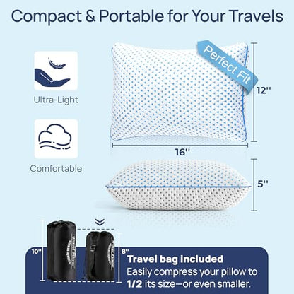 Small Cooling Memory Foam Travel Pillows for Airplanes Sleeping, Compressible Camping Pillow, Mini Adjustable Shredded Foam Bed Pillow for Medium Firm Neck Knee Lumbar Support, Ideal Car, Backpacking - size: S - 16 x 12 Inch