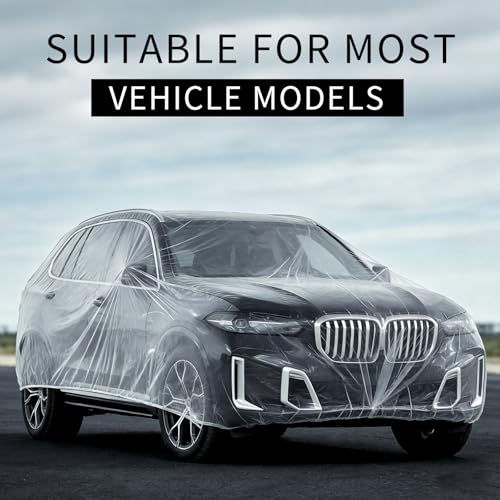 4 Pack Disposable Plastic Car Cover, Universal Clear Rain Dust Garage Cover with Elastic Band, for Indoor Garage Use, Sedans and SUVs, 12 ft x 22 ft