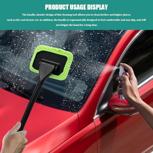 Car Windshield Cleaning Tool, Windshield Cleaner, Car Window Cleaner with 4 Washable and Reusable Cloth Pad & Long Handle, Car Accessories Auto Inside Glass Wiper Kit Universal for All Vehicles