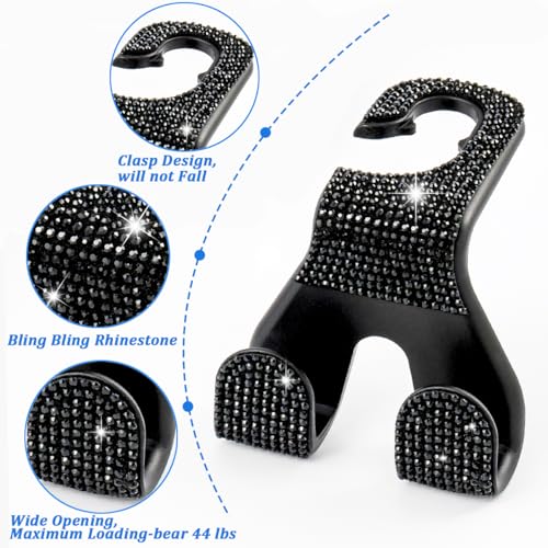 Bling Car Purse Hooks 2Pcs, Durable Car Headrest Hook, Holds 44Lbs, Double-Hooks, Wide-Opening, Rhinestone Automobile Purse Hangers Holder, Bling Car Accessories for Women, Black - color: Bling Black