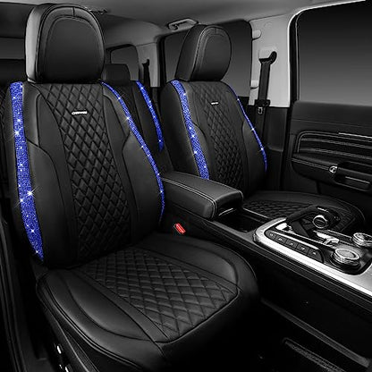 CAR PASS Nappa Leather seat Covers Bling Diamond Car Seat Covers Full Set Universal Cushioned, Waterproof Heavy-Duty Anti-Slip Luxury, Fit for SUV Sedan,Sparkly Glitter Women Crystal Blue Rhinestone - color: Blue Diamond, size: Full Set
