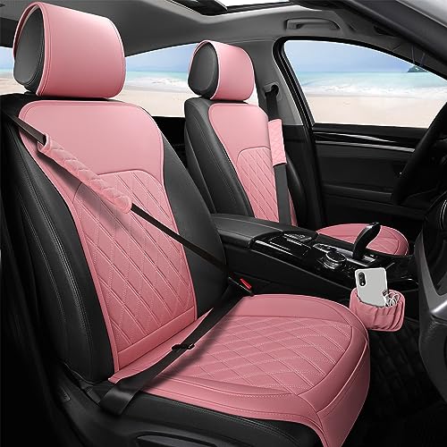 Sanwom Front Car Seat Covers - Leather Seat Covers with Storage Pocket and Two Belt Pads, Anti-Slip Waterproof Universal Seat Covers for Cars Fit Cars Trucks SUV(Pink,2 Pack) - color: Pink