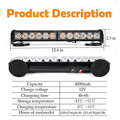 Amber Wireless Battery Traffic Advisor Emergency Lights Bar Beacon Led Strobe Warning Light Mini Roof Top Plow Hazard Flash with Magnetic Base Mount and 12 V Rechargeable Plug (Yellow, 12 LEDs)