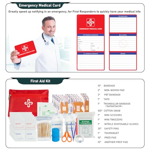 Survival Kit, 262Pcs Survival Gear and Supplies with First Aid Kit Pouch and Crossbody Bag, Emergency Kit with Tent, Camping Axe Hammer, Survival Shovel w/Pick, Bug Out Bag Gifts for Men Women - color: Red