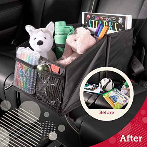 Lusso Gear Car Seat Organizer - Built-In Car Cup Holders & Mesh Pockets - Foldable Back Seat Organizer with Handles - Kids Road Trip Essentials - 9 Compartments, Black Oxford - color: Black