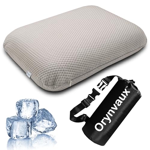 Cooling Camping Pillow, Memory Foam Travel Pillow with Adjustable Buckle Strap & Storage Bag, Compact Small Pillow for Airplane, Car Lumbar, Office, Washable Cooling Cover, Dusk Grey - color: Dusk Grey, size: L-17.5*11.8*4.3in