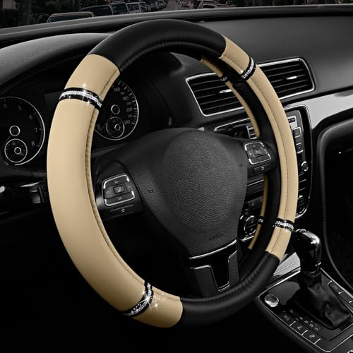 Road Comfort Leather Steering Wheel Cover – Premium Anti-Slip Car Steering Wheel Grip Cover – Universal Fit for 14.5”–15” Cars, Trucks & SUVs - Beige - color: Beige