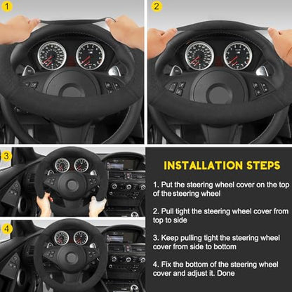 Suede Steering Wheel Cover with Upgraded Silicone Inner Ring, Breathable, Anti-Slip, Leather Universal 14.5 to 15 Inch Steering Wheel Cover (Black with Embossing Pattern) - style: Black with Embossing Pattern