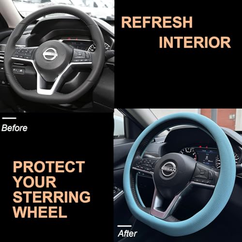 PINCTROT D Shaped Nappa Leather Steering Wheel Cover, Slim Fit No Bulk Design, One Piece Leather with Breathable Perforation, Fit Like Gloves, Flat Bottom 14.5-15 Inch(Nappa Aqua) - color: 10.Aqua, size: D Shaped/Flat Bottom[14 1/2''-15'']