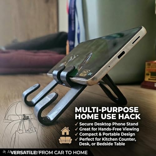 2-in-1 Universal Car Headrest Hook with Integrated Phone Holder | 360° Rotation Seat Back Hanger for Bags, Purses & Groceries | Durable ABS Plastic Car Organizer & Tablet Mount (Pack of 2 - Black)