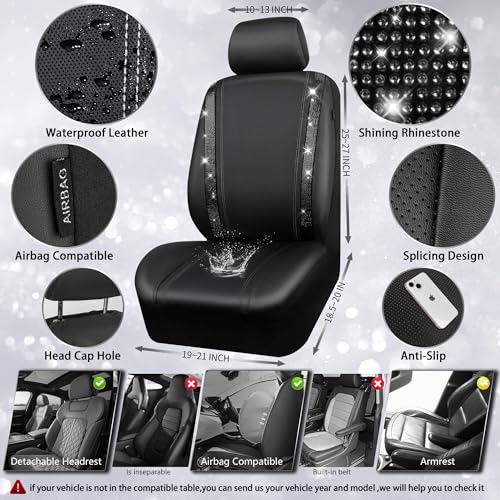 CAR PASS Leather Bling Diamond Car Seat Covers Full Set, Shining Rhinestone Waterproof Durable Rear with Zipper, Universal Fit Automotive Glitter Crystal Sparkle Strip for Cute Women Girly Black - color: Black Diamond, size: Full Set
