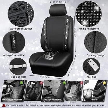 CAR PASS Leather Bling Diamond Car Seat Covers Full Set, Shining Rhinestone Waterproof Durable Rear with Zipper, Universal Fit Automotive Glitter Crystal Sparkle Strip for Cute Women Girly Black - color: Black Diamond, size: Full Set