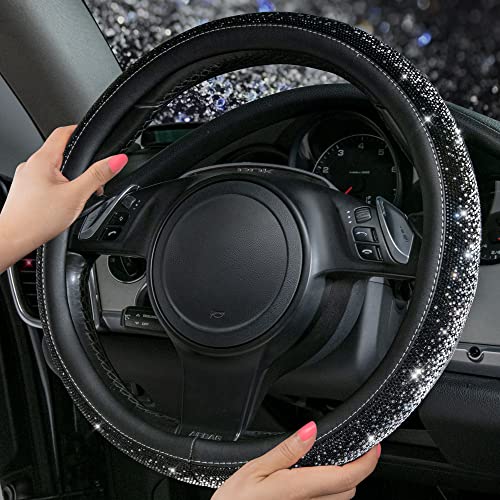 CAR PASS Bling Diamond Leather Steering Wheel Cover, Bling Sparkly Crystal Glitter Rhinestones Universal Fit 14" 1/2-15" Car Wheel Protector for Women Girl Fit Suvs,Vans,Sedans,Trucks, Black Silver - color: Black Silver Diamond