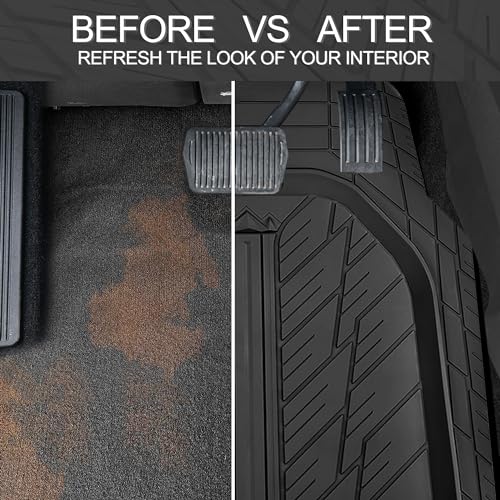 CAR PASS Leather Rubber Steering Wheel Cover 14 1/2” -15”,Tire Tread Pattern Design,Non-Slip Wear-Resistant, Heavy Duty Deep-Dish Car Floor Mats, Trim-to-Fit Car Mat,Fit for Steering Wheel Black - color: All Black Combo Sets 38