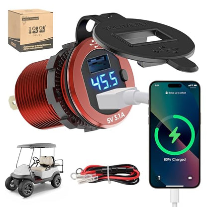10L0L 9V-55V Input Golf Cart Quick Charge 3.0 Dual USB Charging Socket,2 in 1 USB Ports & Digital Voltmeter Universal for Club Car,EZGO and Yamaha,Metal Shell Safe Charge Outlet - color: Red