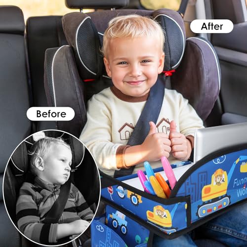 Kids Travel Tray for Airplane - Toddler Car Seat Table Tray, Road Trip Essentials for Boys & Girls, Carseat Lap Desk for Kids Road Trip Activities (Dark Blue Car) - color: Dark Blue Car