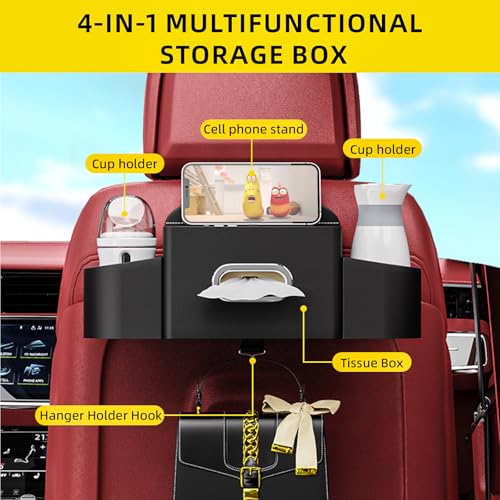 Back Seat Car Organizer with one Towel Leather wood materials Car Back Seat Storage Box 2 Drink Cup Holder Tissue Box for Hold Phone Drinks Handbag Compatible with Most Vehicles (Black)