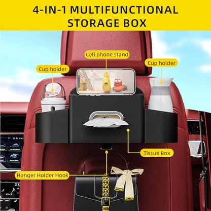 Back Seat Car Organizer with one Towel Leather wood materials Car Back Seat Storage Box 2 Drink Cup Holder Tissue Box for Hold Phone Drinks Handbag Compatible with Most Vehicles (Black)