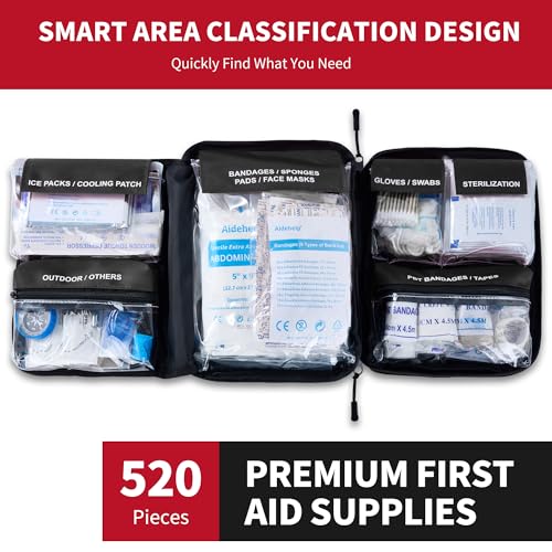 520 Pieces Premium First Aid Kit - Large Emergency Medical Kit for Survival, Car, Home, Travel, Camping, Backpack, Hiking, School (Black) - color: Black