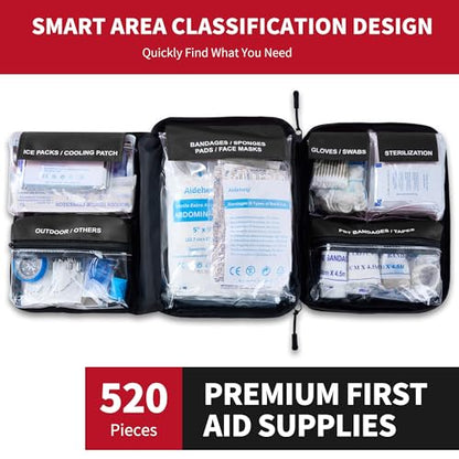 520 Pieces Premium First Aid Kit - Large Emergency Medical Kit for Survival, Car, Home, Travel, Camping, Backpack, Hiking, School (Black) - color: Black