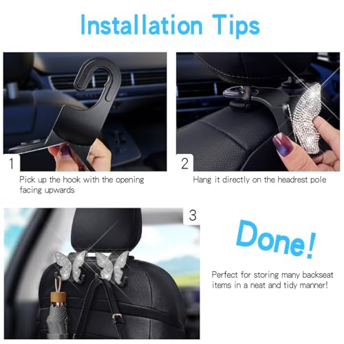 2 Pack Butterfly Bling Car Seat Headrest Hooks for Purses and Bags Aesthetic Design Car Hooks Rhinestones Hanger for Car Back Seat Organizer Storage Hook Bling Black Car Accessories for Women
