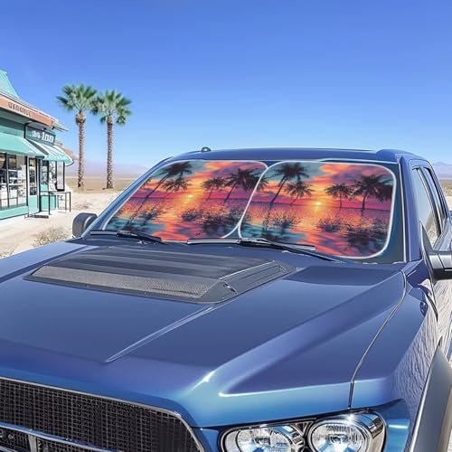 Windshield Sunshade Foldable Car Front Window Sun Shade Sun Visor 2 Packs Reflect Sunlight, Universal Fit Most Cars SUV Truck Van Sedan, Palm Tree - color: Beach Palm Tree Printed