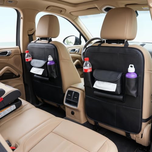 2 Pack PU Leather Premium Car SeatBack Organizer Travel Accessories Kick mats Back seat Protector and Cup Holder Holder Universal Use Seat Covers (23×17 in) - size: 22” x 17”inch