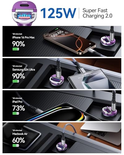 【Upgraded】 125W USB C Car Charger Super Fast Charging for iPhone 16, [PD65W & QC60W][All Metal] MRGLAS Cigarette Lighter Car Charger,Dual Port for iPhone 16 15 Pro iPad Samsung S25/S24 MacBook-Purple - color: Purple